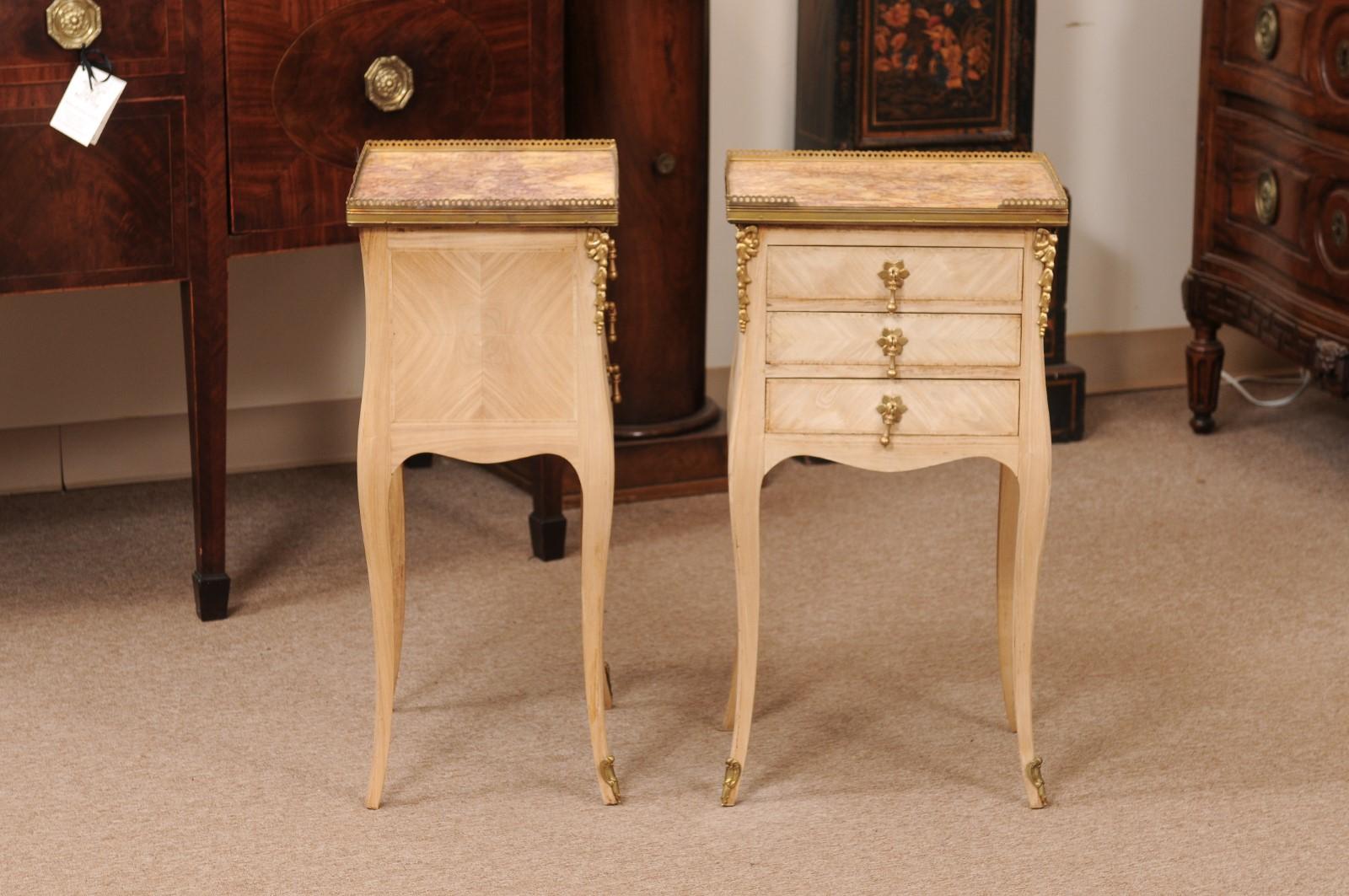 Pair of French 20th Century Louis XV Style Bleached Marble Top Chevet For Sale 7
