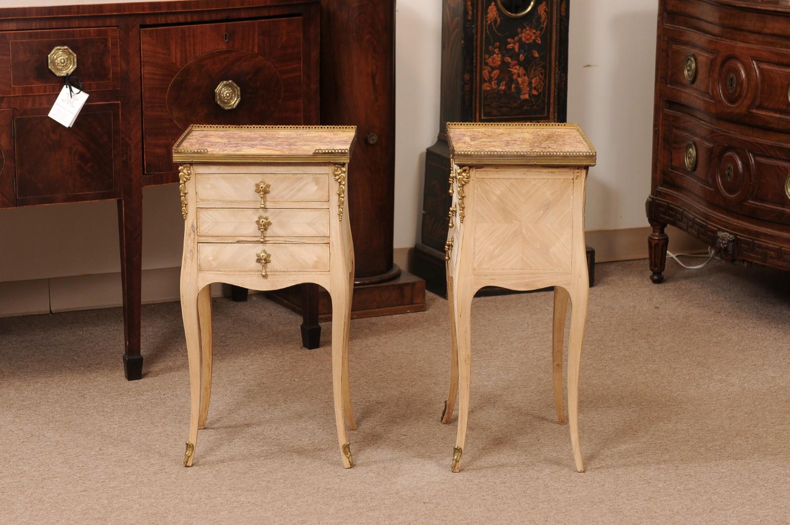 Pair of French 20th Century Louis XV Style Bleached Marble Top Chevet For Sale 11