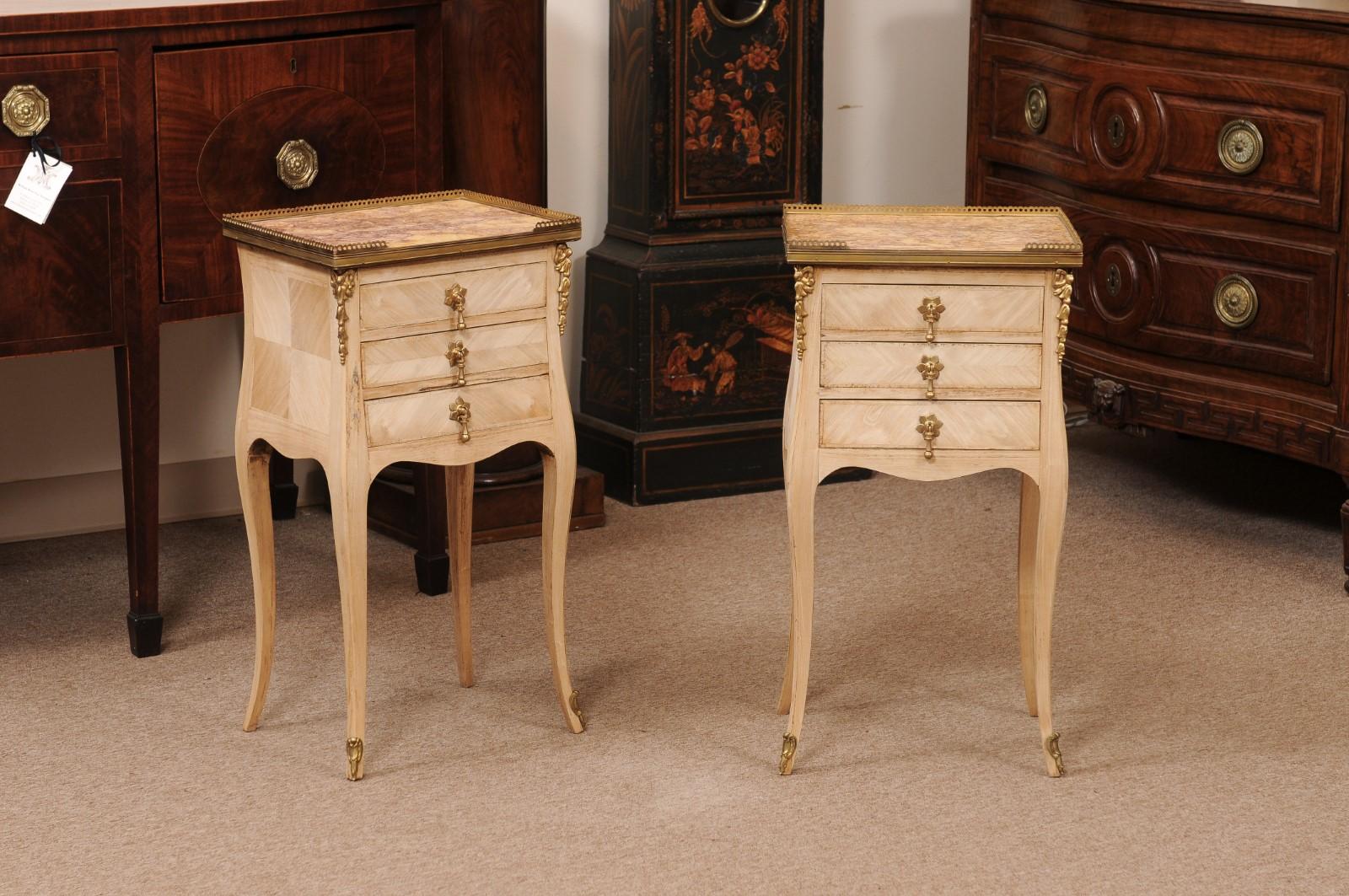Pair of French 20th Century Louis XV Style Bleached Marble Top Chevet / Side Tables with Brass Gallery Top and Cabriole Legs