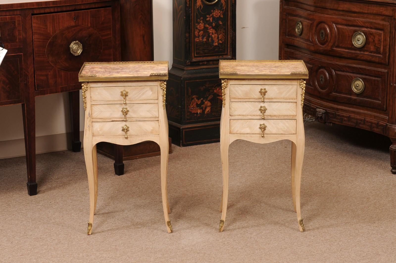 Pair of French 20th Century Louis XV Style Bleached Marble Top Chevet For Sale 2
