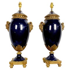 Pair of French 20th Century Louis XVI Style Blue Sèvres Style Porcelain Lamps