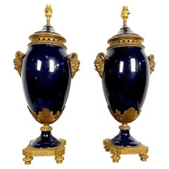 Vintage Pair of French 20th Century Louis XVI Style Blue Sèvres Style Porcelain Lamps