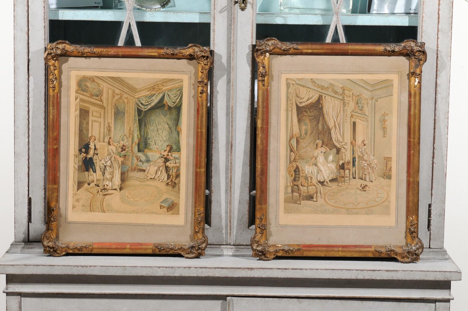 A pair of French Louis XVI style framed prints from the 20th century, depicting genre scenes. Created in France during the 20th century, each of this pair of prints brings us back to the ambiance of the Ancien Régime. Evolving in a decor reminding
