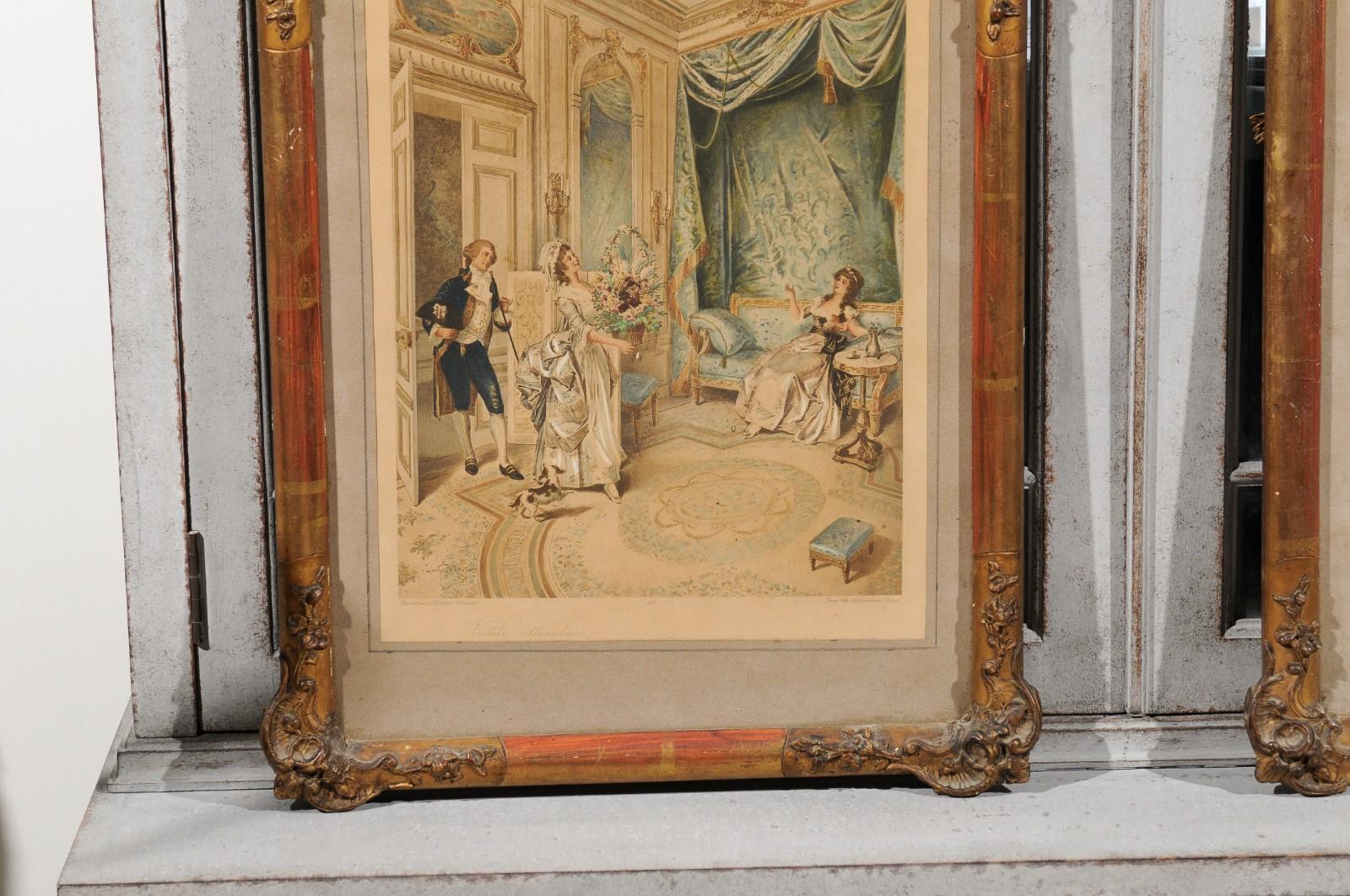 Pair of French 20th Century Louis XVI Style Genre Prints in Carved Frames 2