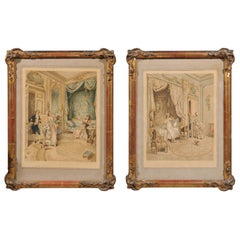 Vintage Pair of French 20th Century Louis XVI Style Genre Prints in Carved Frames