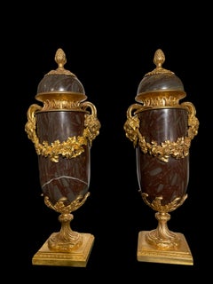 Pair of French 20th Century Louis XVI Style Onyx and Ormolu Lidded Urns