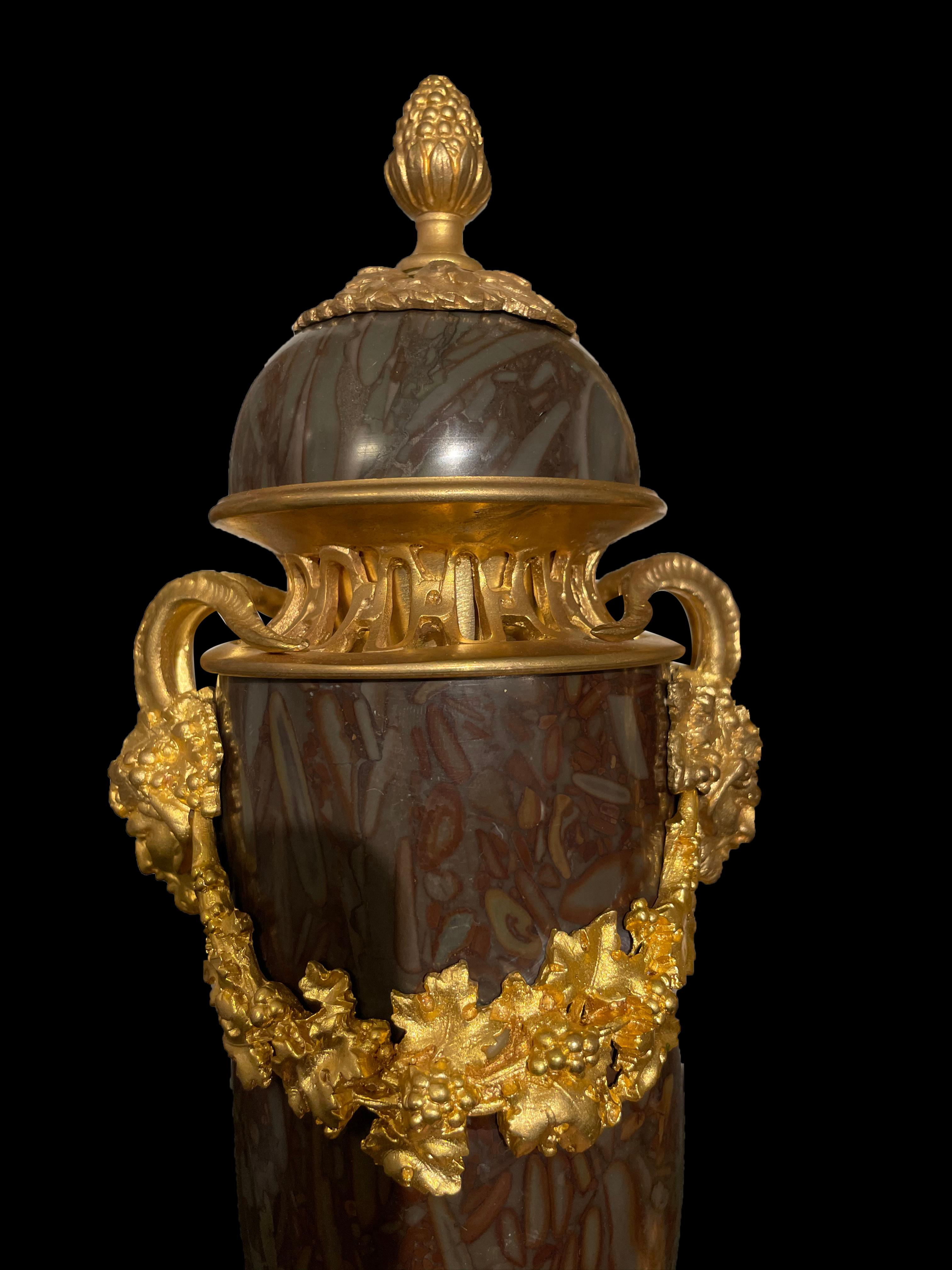 Pair of French 20th Century Louis XVI Style Onyx and Ormolu Lidded Urns In Excellent Condition For Sale In London, GB