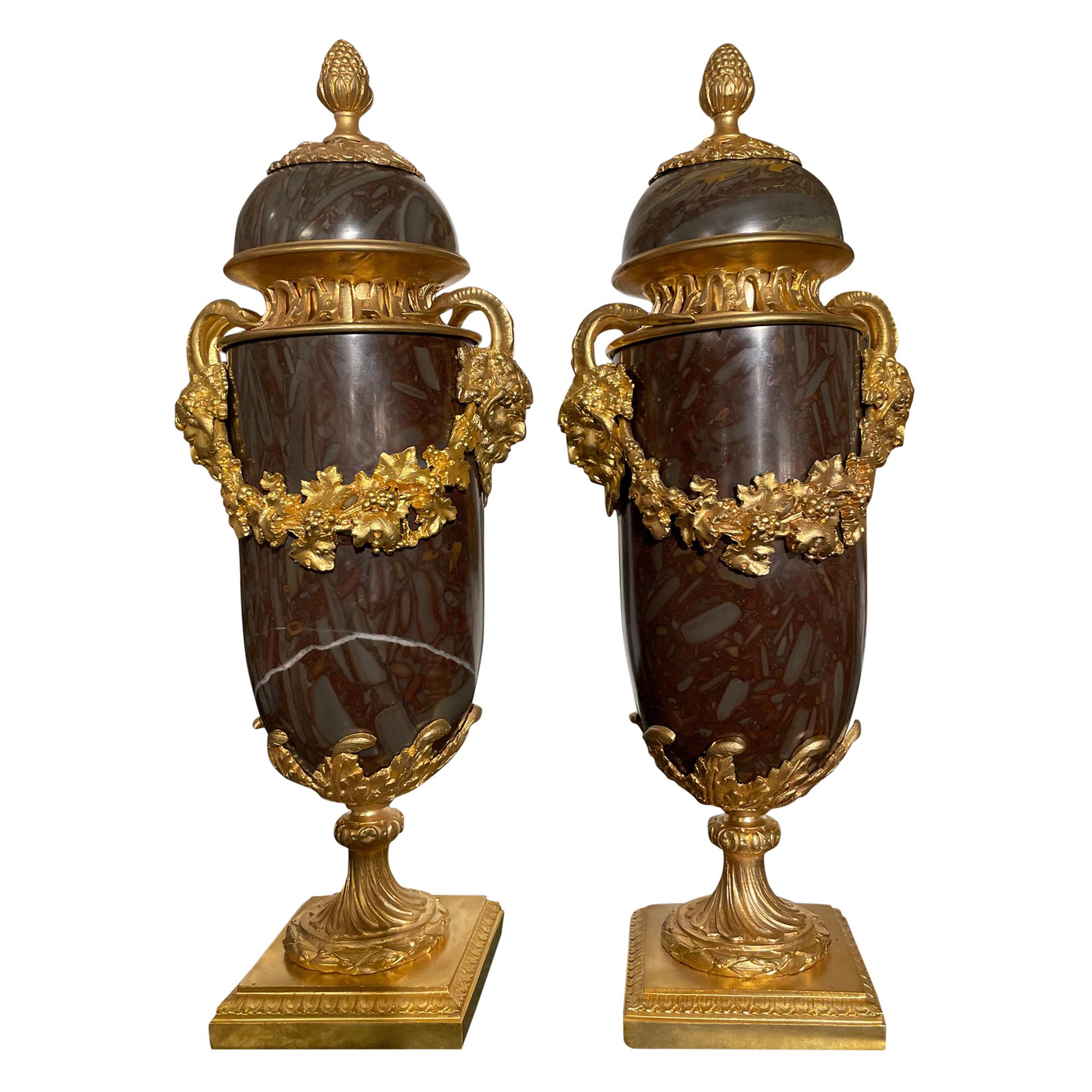 Pair of French 20th Century Louis XVI Style Onyx and Ormolu Lidded Urns For Sale
