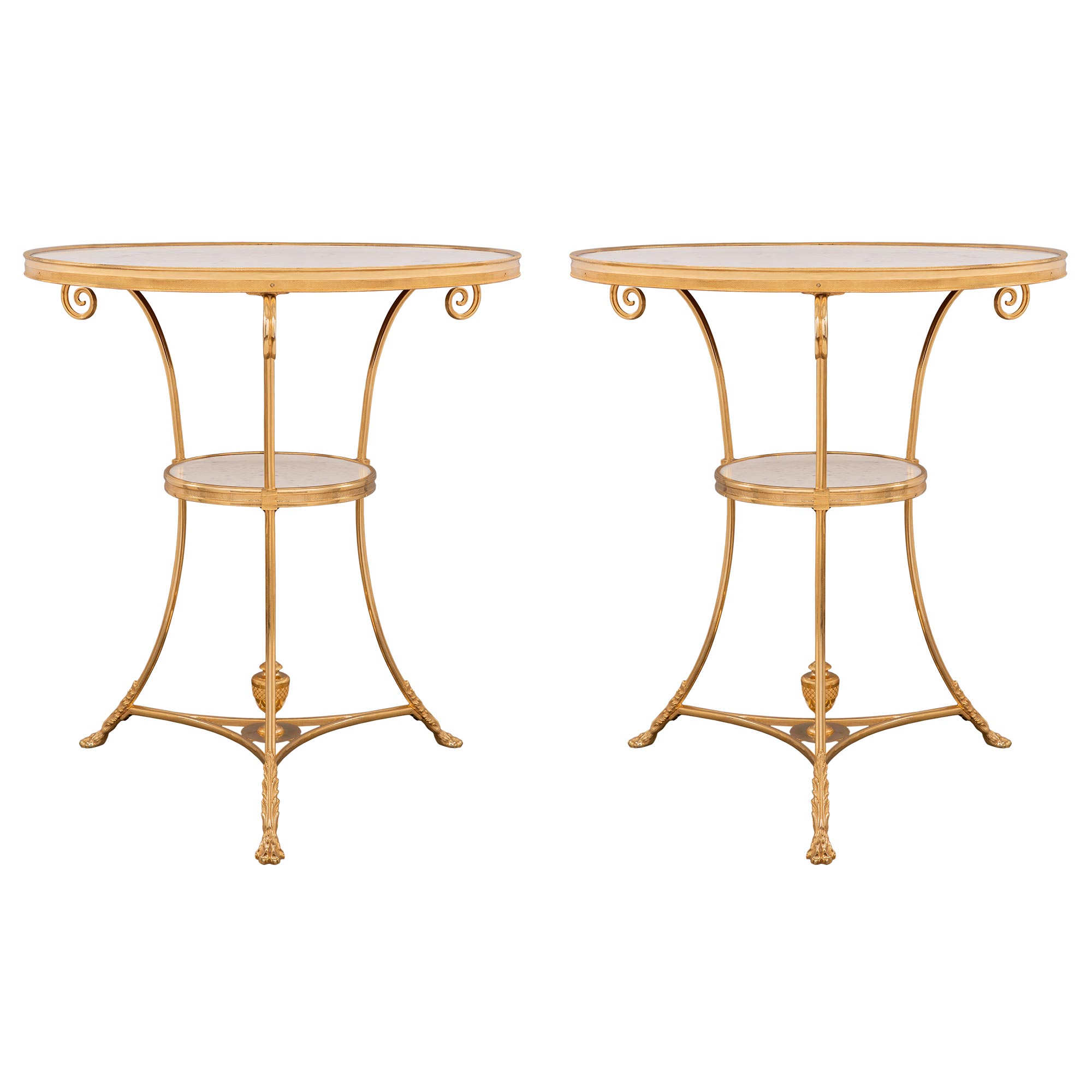 Pair of French 20th Century Louis XVI Style Ormolu and Marble Side Tables