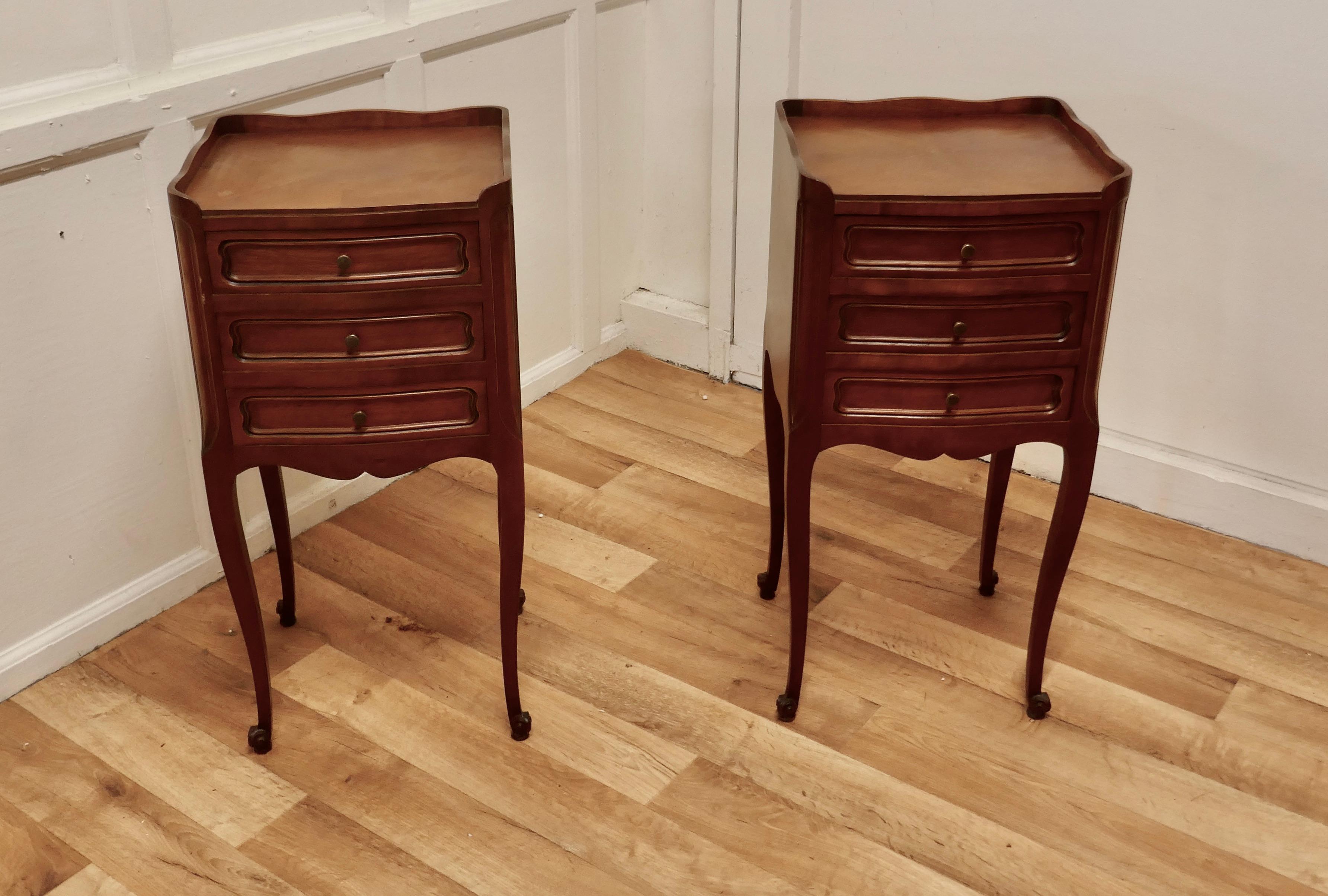 French Provincial Pair of French 3 Drawer Cherry Wood Bedside Cabinets 