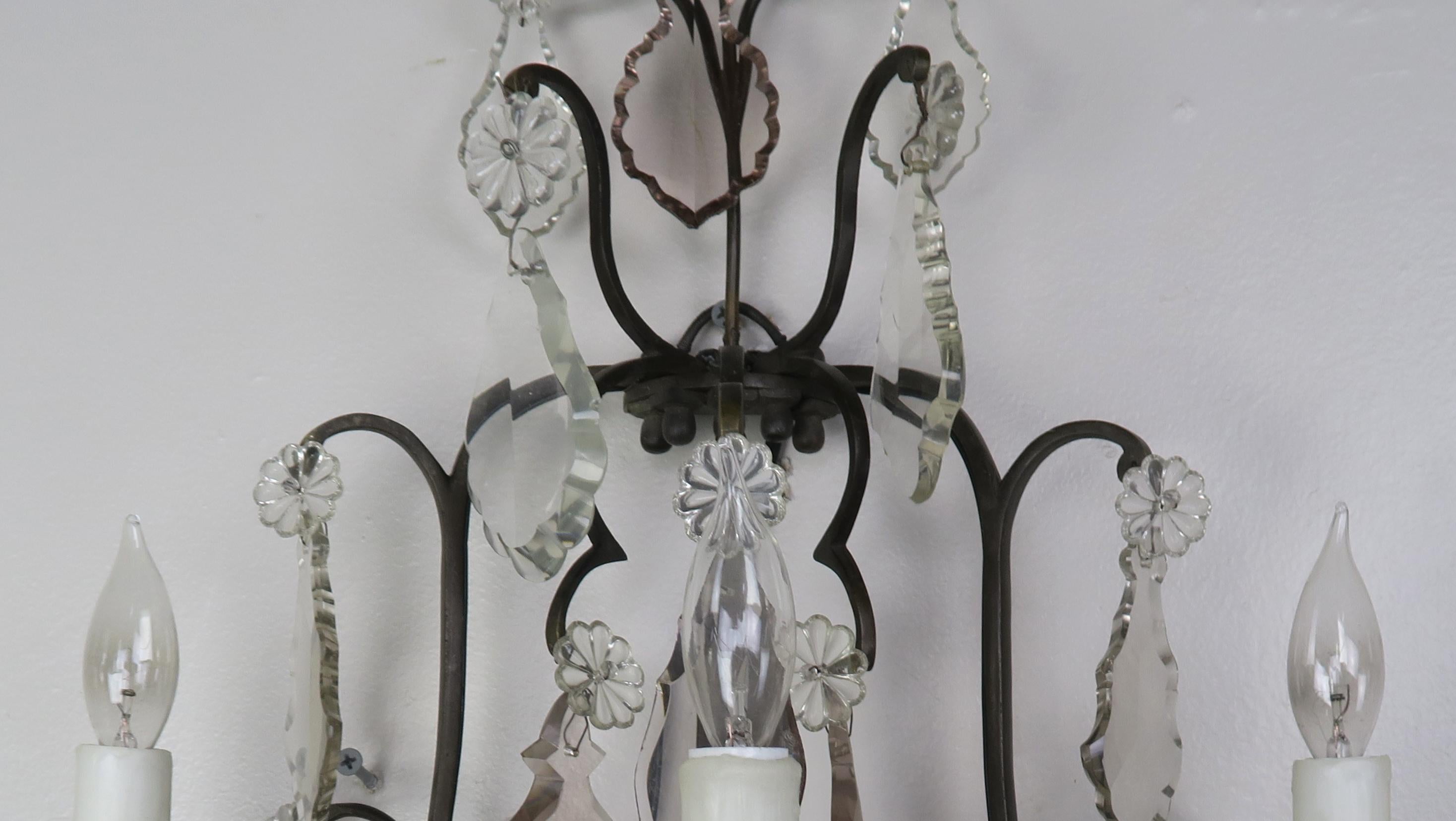 Pair of French 3-Light Crystal Sconces For Sale 5