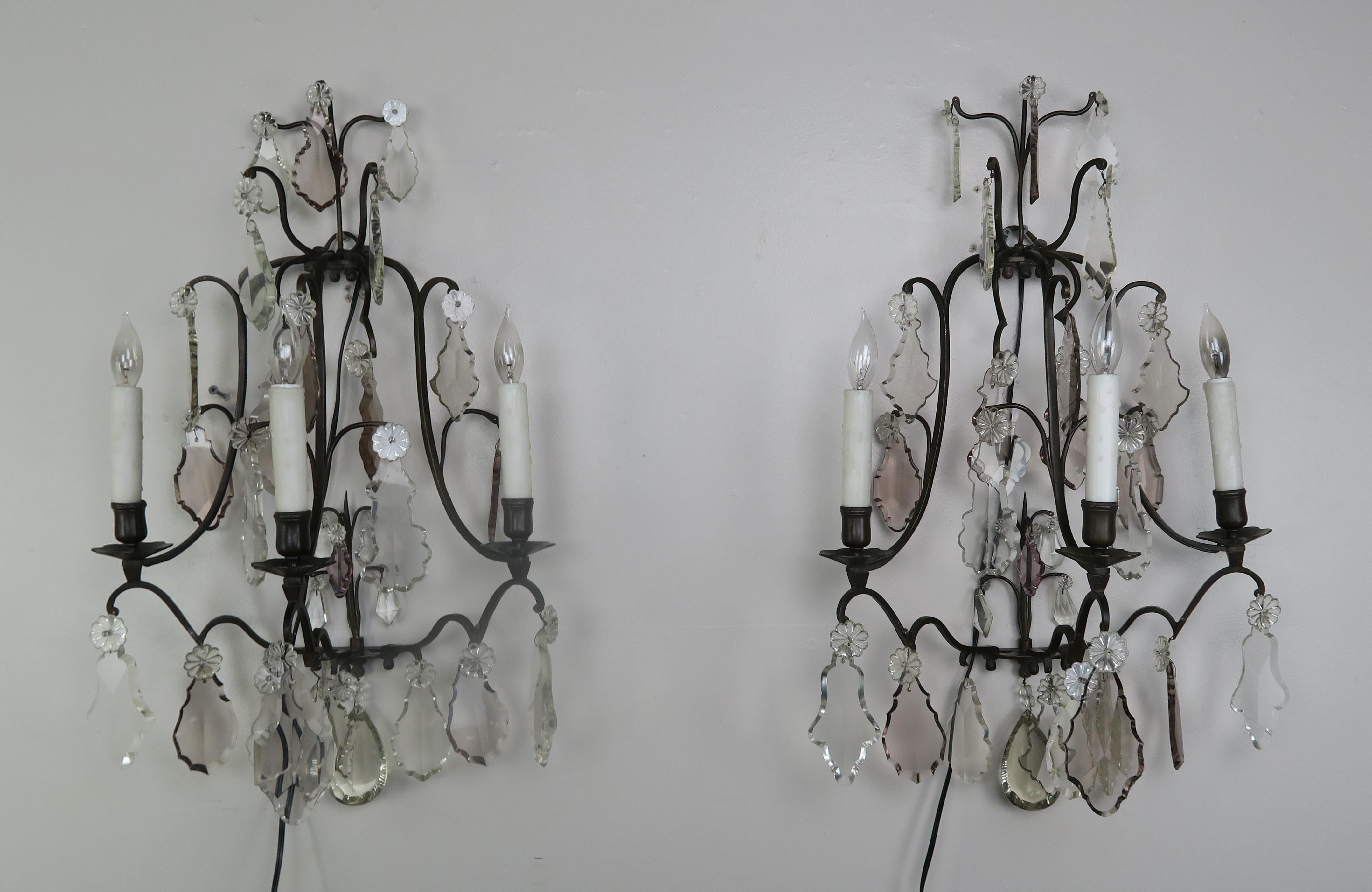 Pair of French 3-Light Crystal Sconces For Sale 6