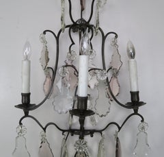 Antique French Rococo Wall Sconces, Crystal and Iron, 3-Light, 1900s