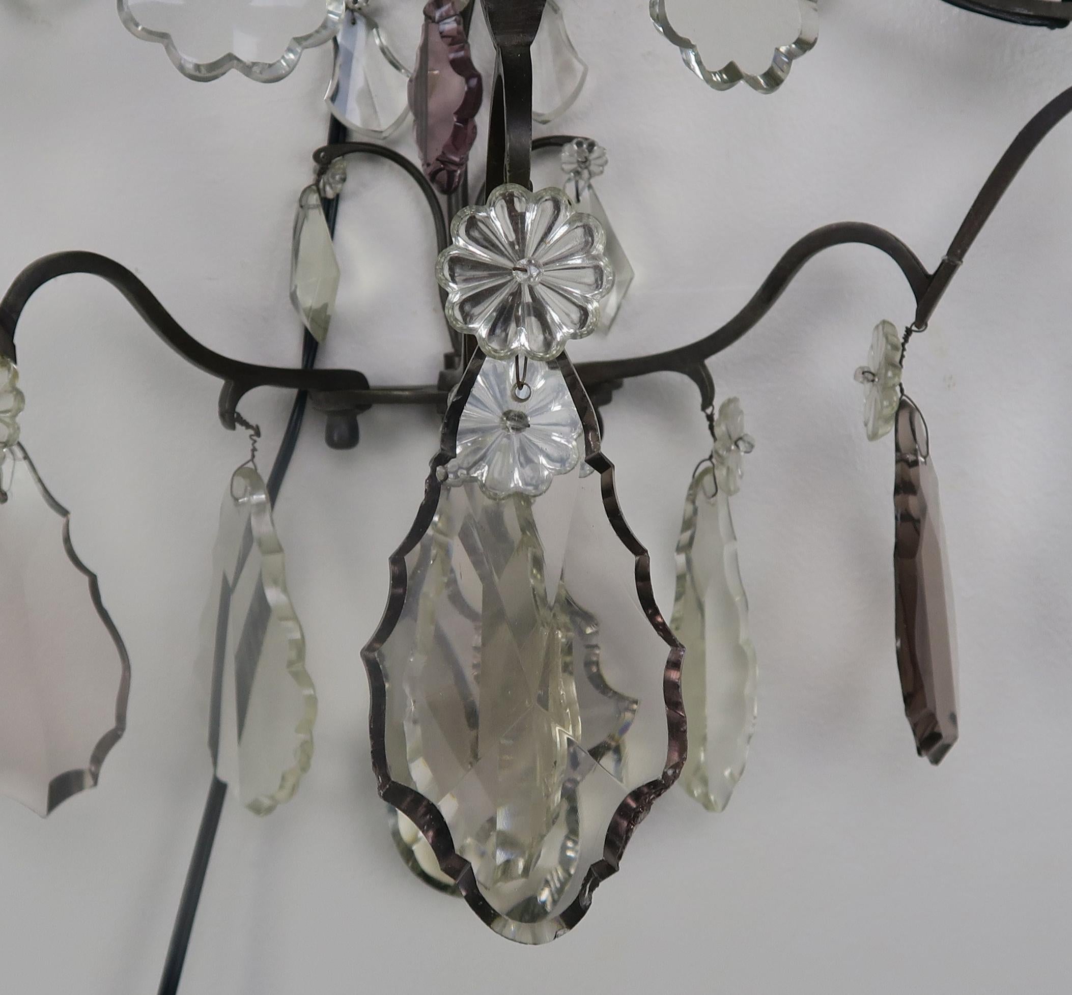 Pair of French 3-Light Crystal Sconces In Distressed Condition For Sale In Los Angeles, CA