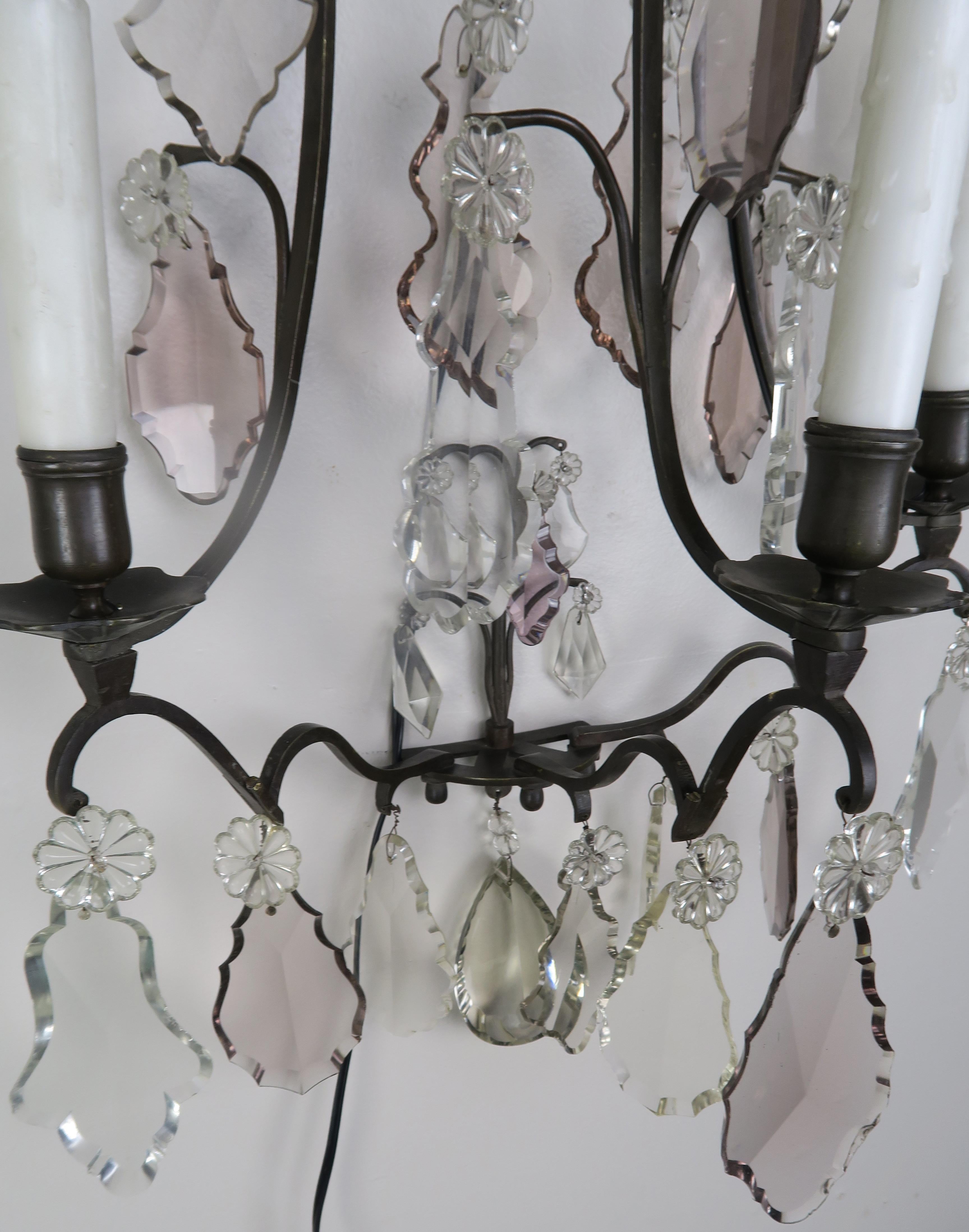 Pair of French 3-Light Crystal Sconces For Sale 2