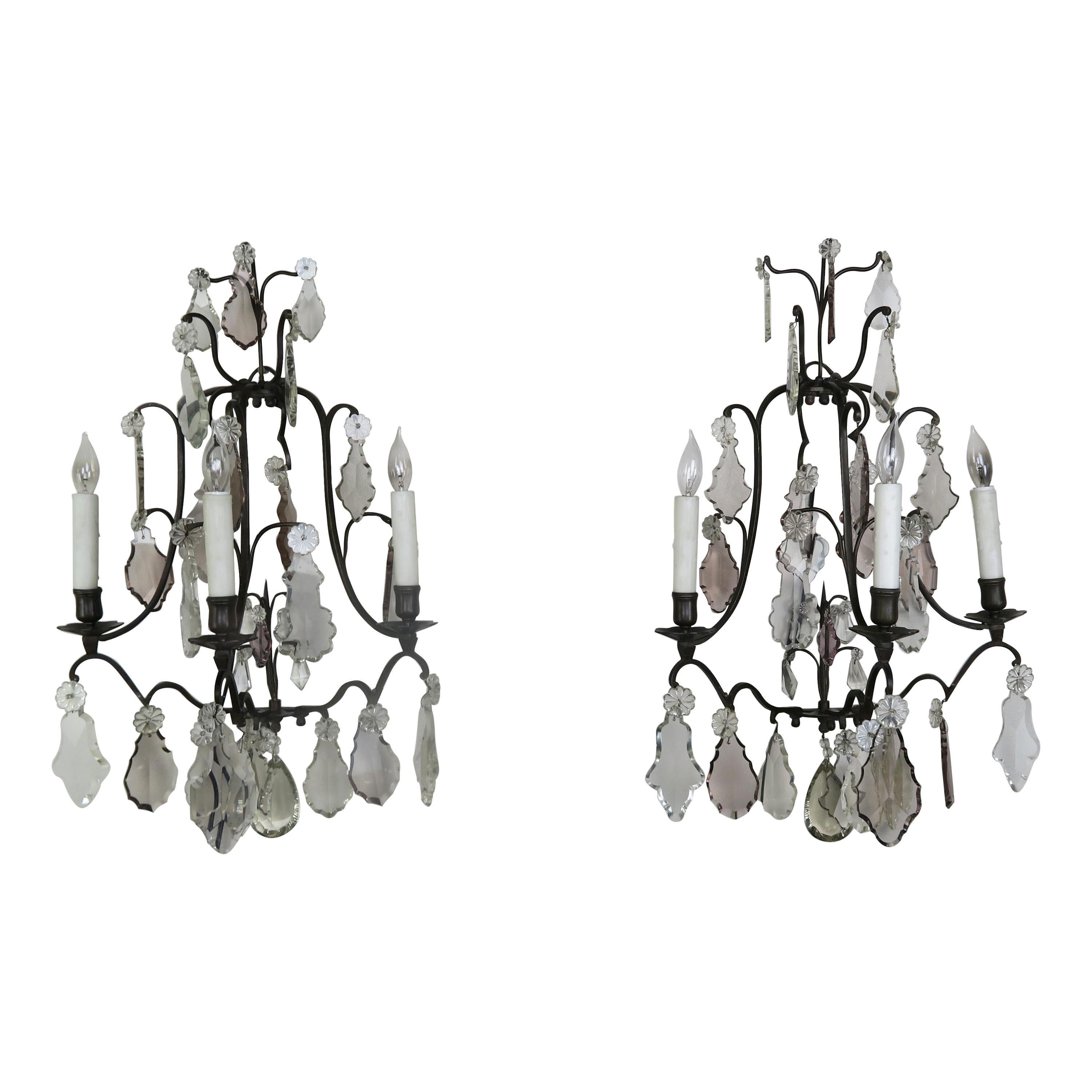 Pair of French 3-Light Crystal Sconces