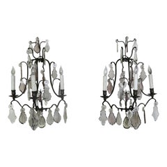 Antique Pair of French 3-Light Crystal Sconces