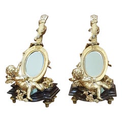 Paire de miroirs de table de style 3e Empire français en bronze doré et marbre