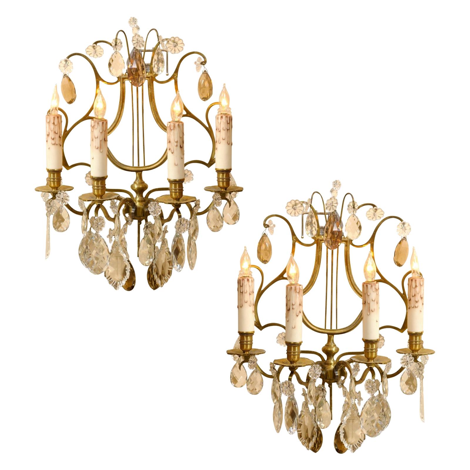 Pair of French 4-Light Lyre Brass Sconces with Amber Crystals, 19th Century