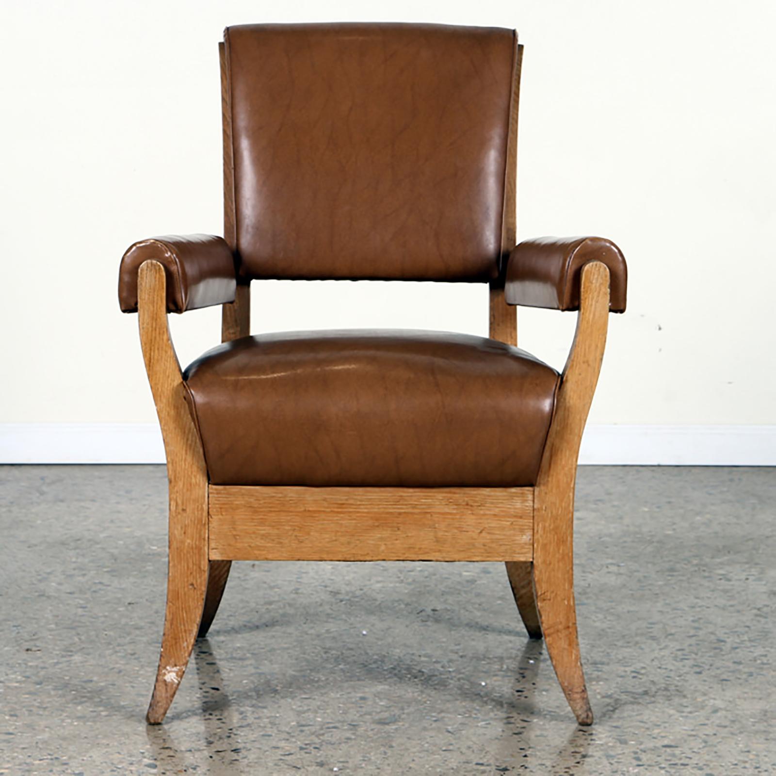 Pair of French 1940s Leather Upholstered Oak Armchairs In Excellent Condition In New York, NY