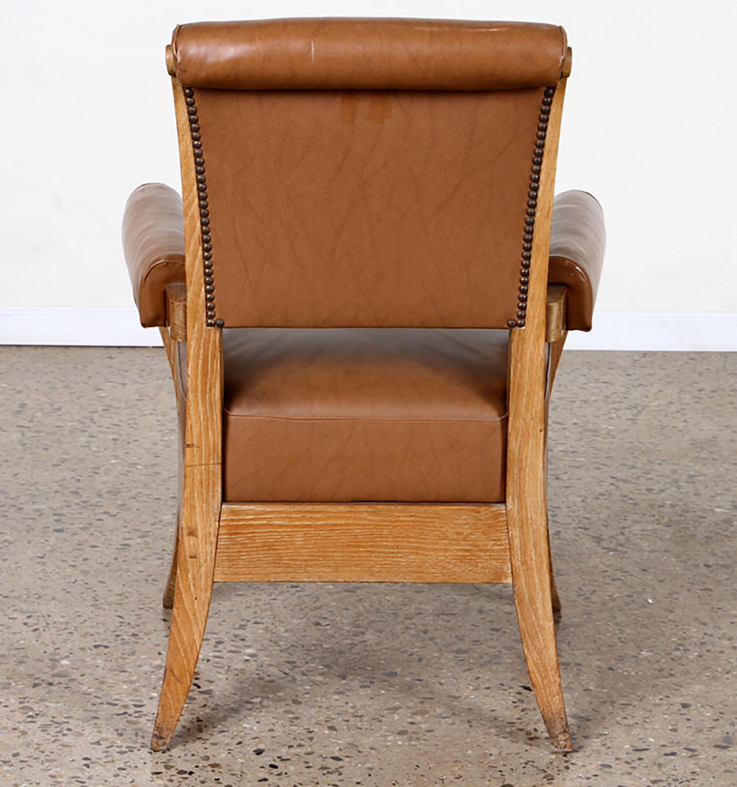 Pair of French 1940s Leather Upholstered Oak Armchairs 3