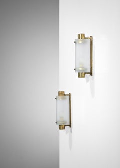 Pair of French 50's Small Sconces Frosted Curved Glass Solid Brass E177