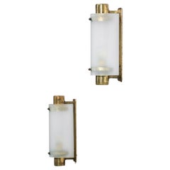 Pair of French 50's Small Sconces Frosted Curved Glass Solid Brass E177
