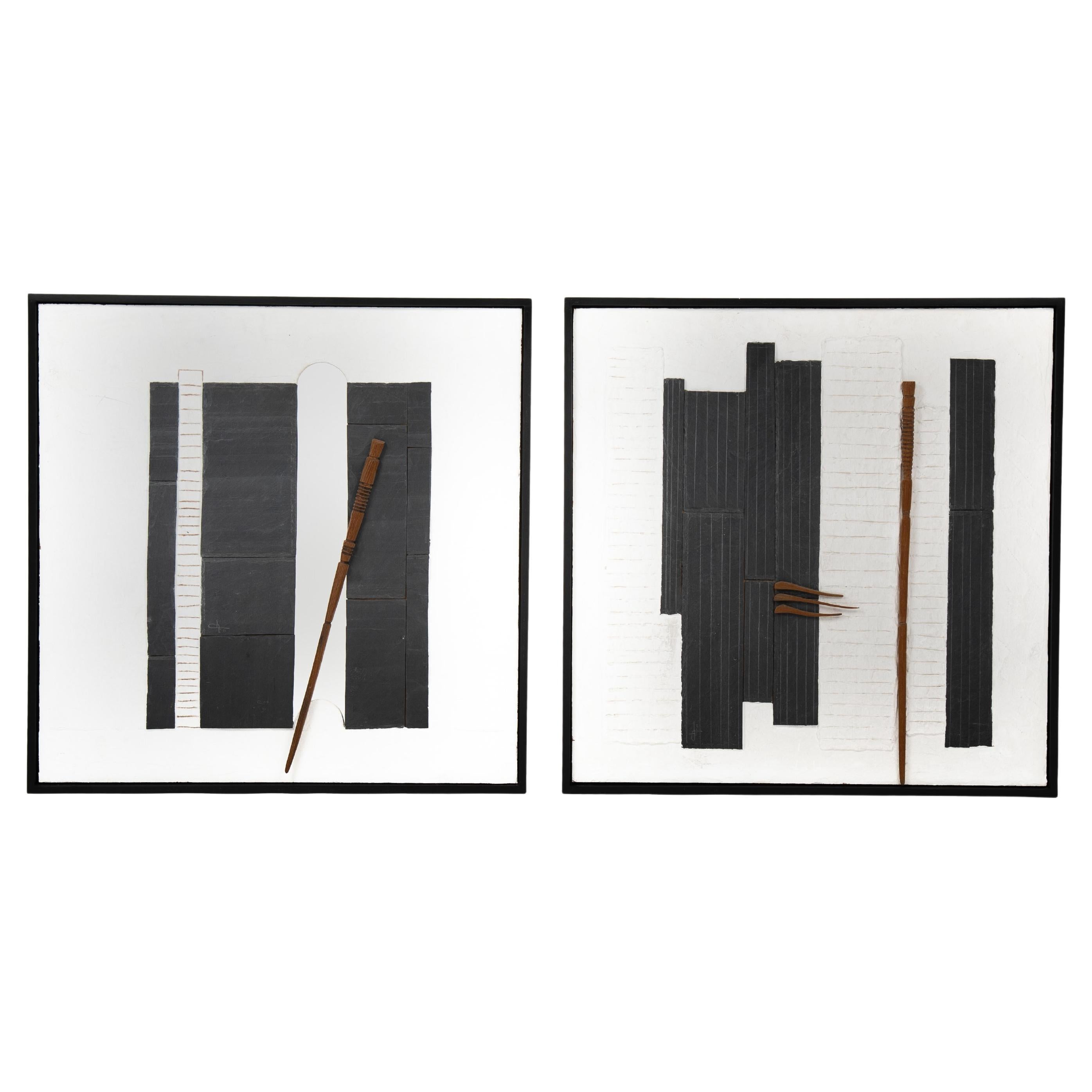 Pareja de paneles en relieve abstractos franceses en blanco y negro de Jean-Paul Chablais 2001 en venta