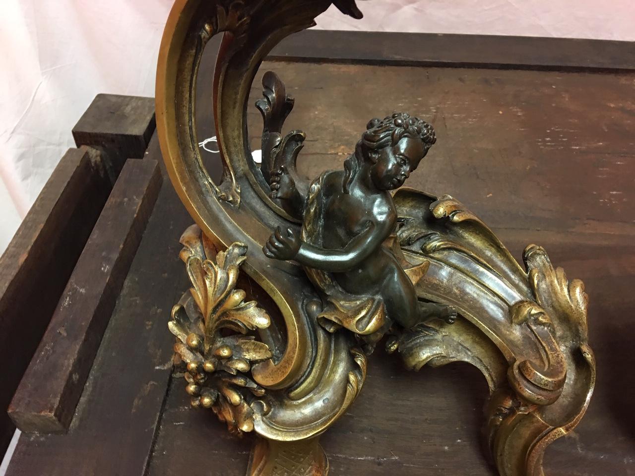 Pair of French Acanthus Leaves Figural Cherub Chenets, 19th Century In Good Condition In Savannah, GA
