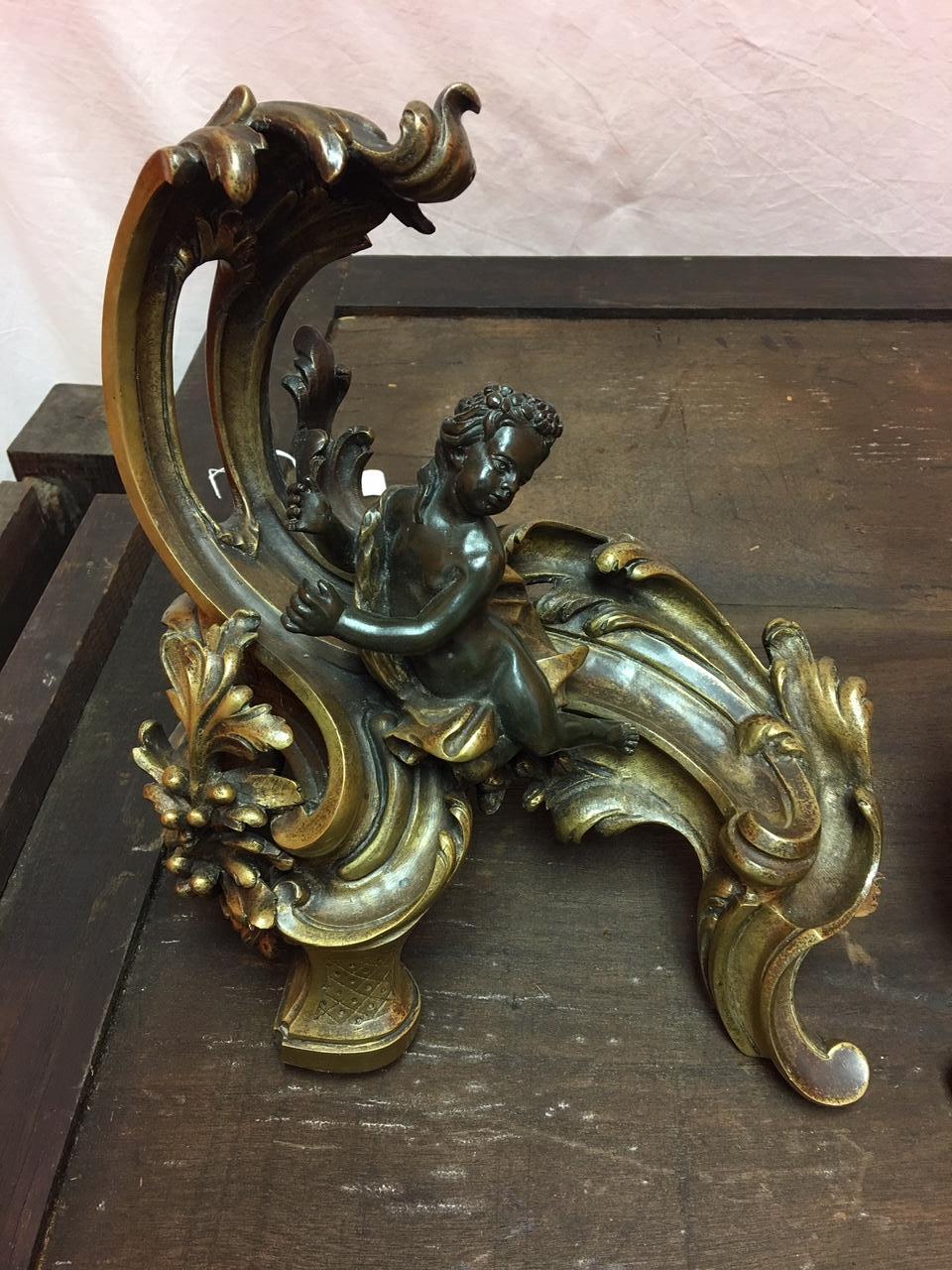 Bronze Pair of French Acanthus Leaves Figural Cherub Chenets, 19th Century