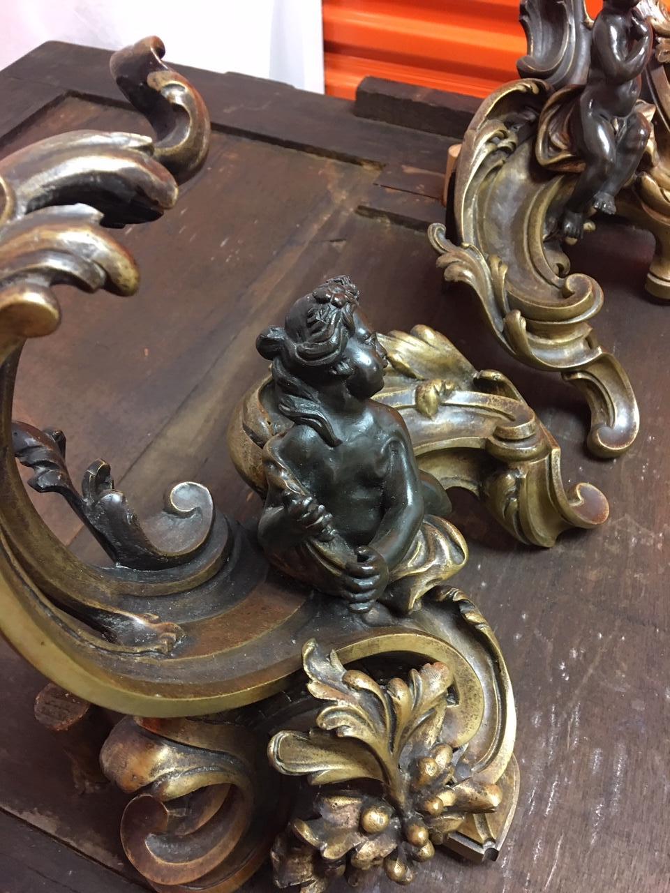 Pair of French Acanthus Leaves Figural Cherub Chenets, 19th Century 2