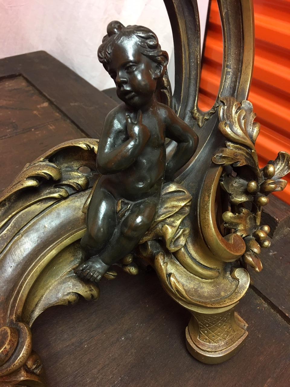 Pair of French Acanthus Leaves Figural Cherub Chenets, 19th Century 3