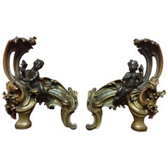 Pair of French Acanthus Leaves Figural Cherub Chenets, 19th Century
