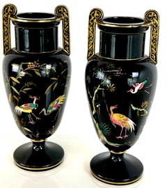 Pair of French Aesthetic Movement Enameled Bird Motif Black & Gold Vases