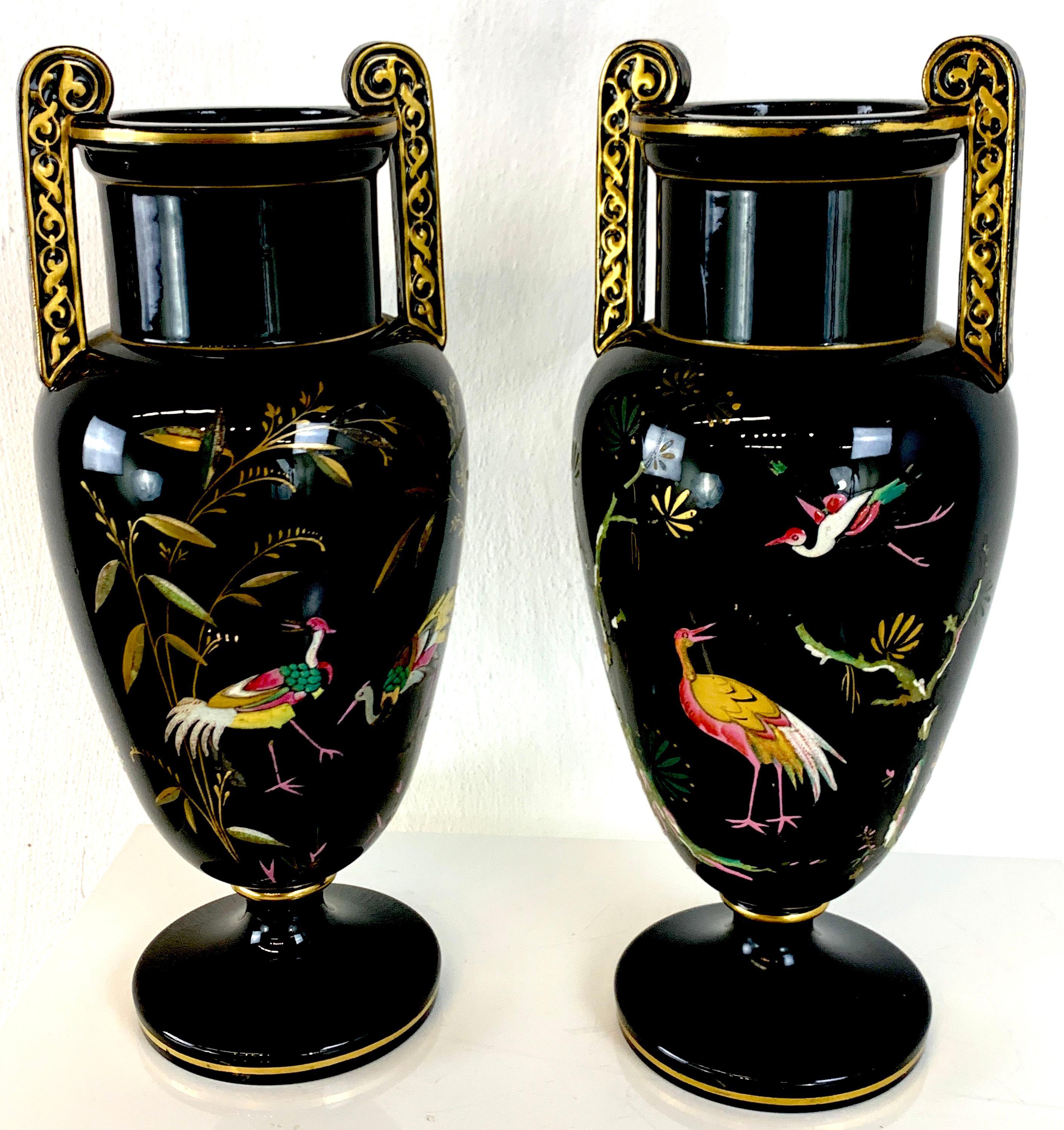 Pair of French Aesthetic Movement Enameled Bird Motif Black & Gold Vases In Good Condition For Sale In West Palm Beach, FL