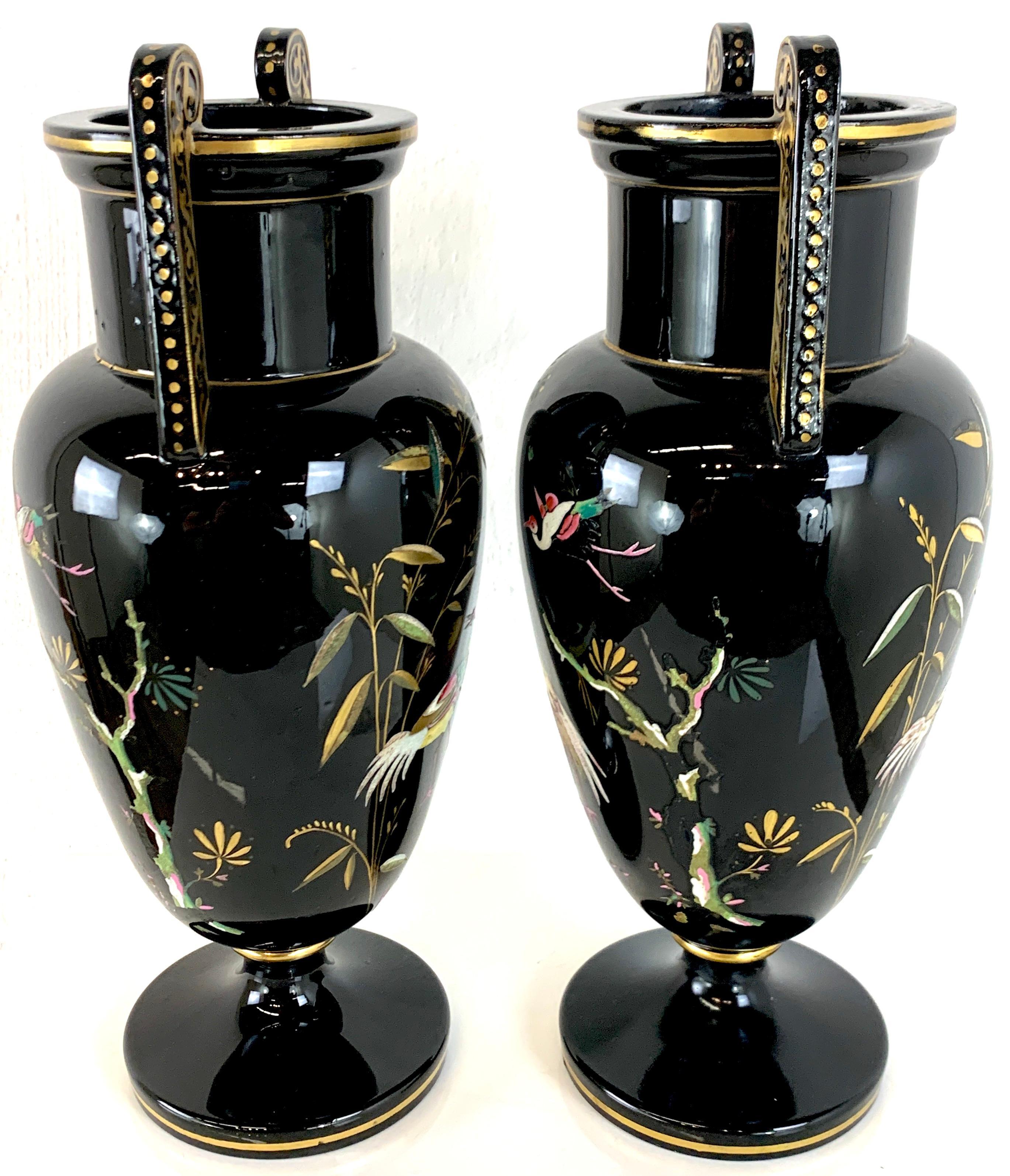 19th Century Pair of French Aesthetic Movement Enameled Bird Motif Black & Gold Vases For Sale
