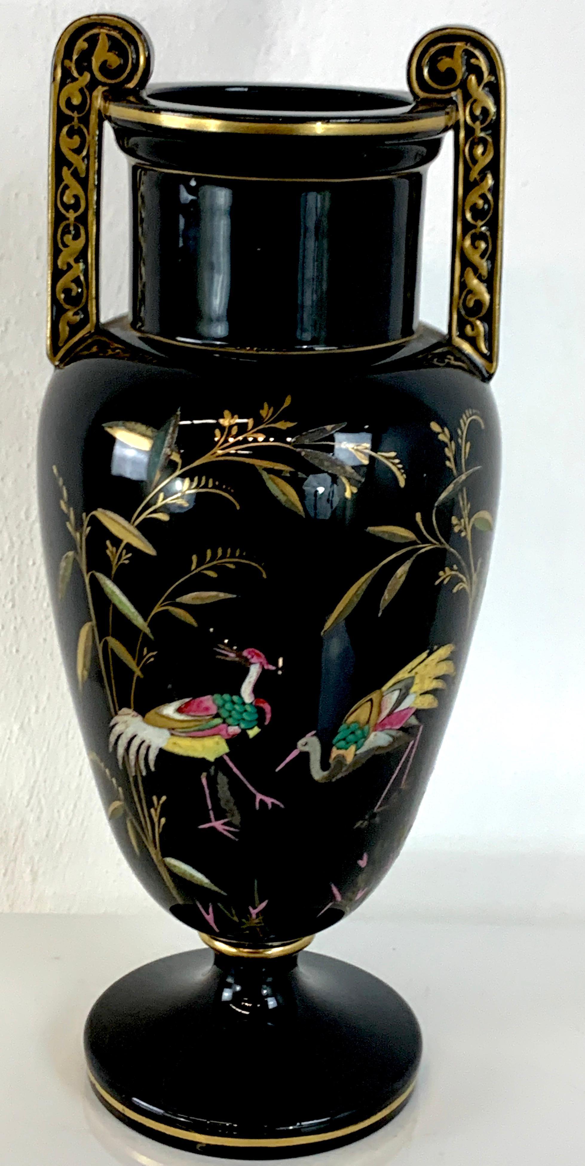 Pair of French Aesthetic Movement Enameled Bird Motif Black & Gold Vases For Sale 2