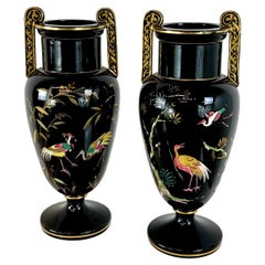 Pair of French Aesthetic Movement Enameled Bird Motif Black & Gold Vases
