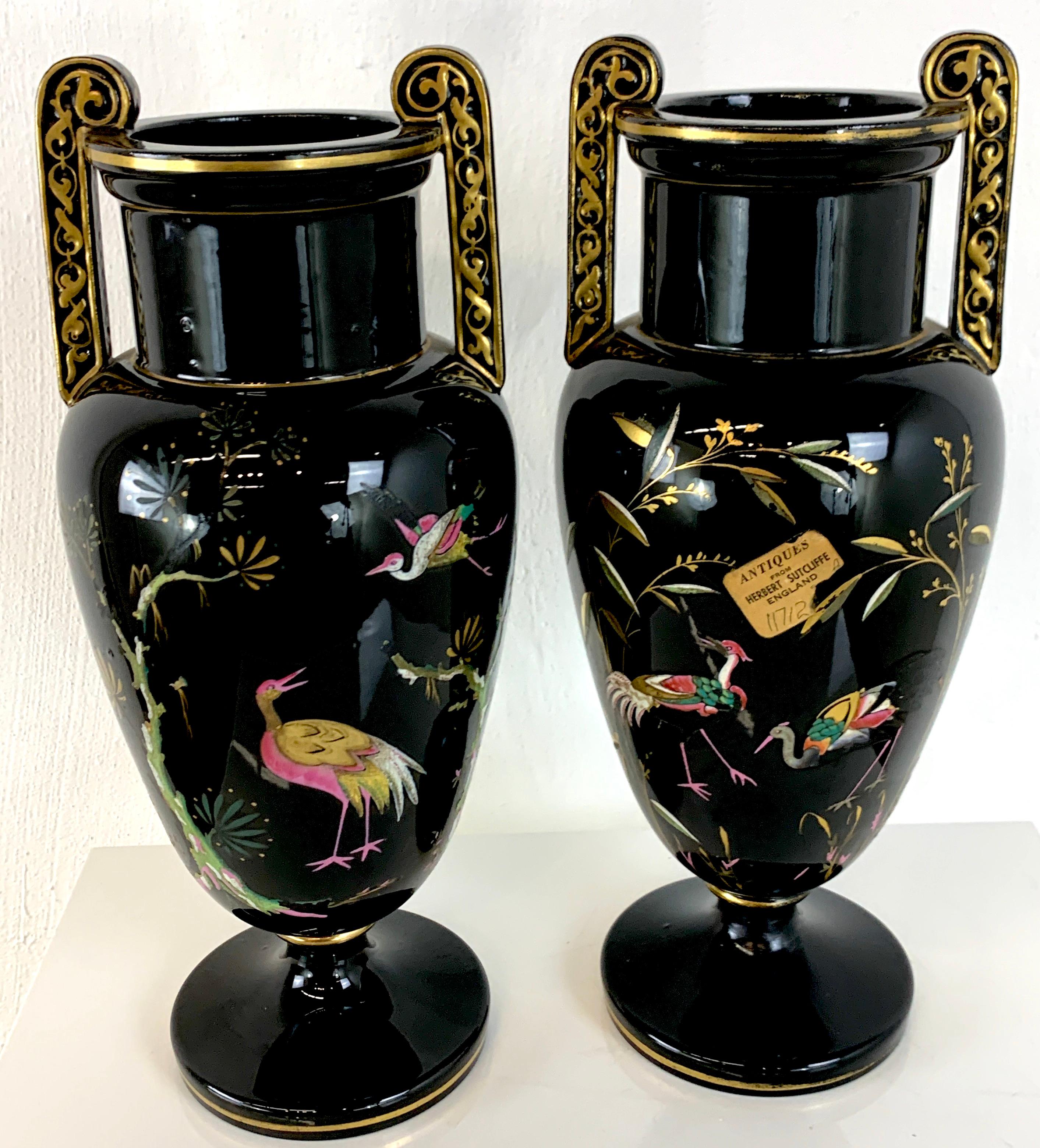 Pottery Pair of French Aesthetic Movement Enameled Bird Motif Black & Gold Vases For Sale