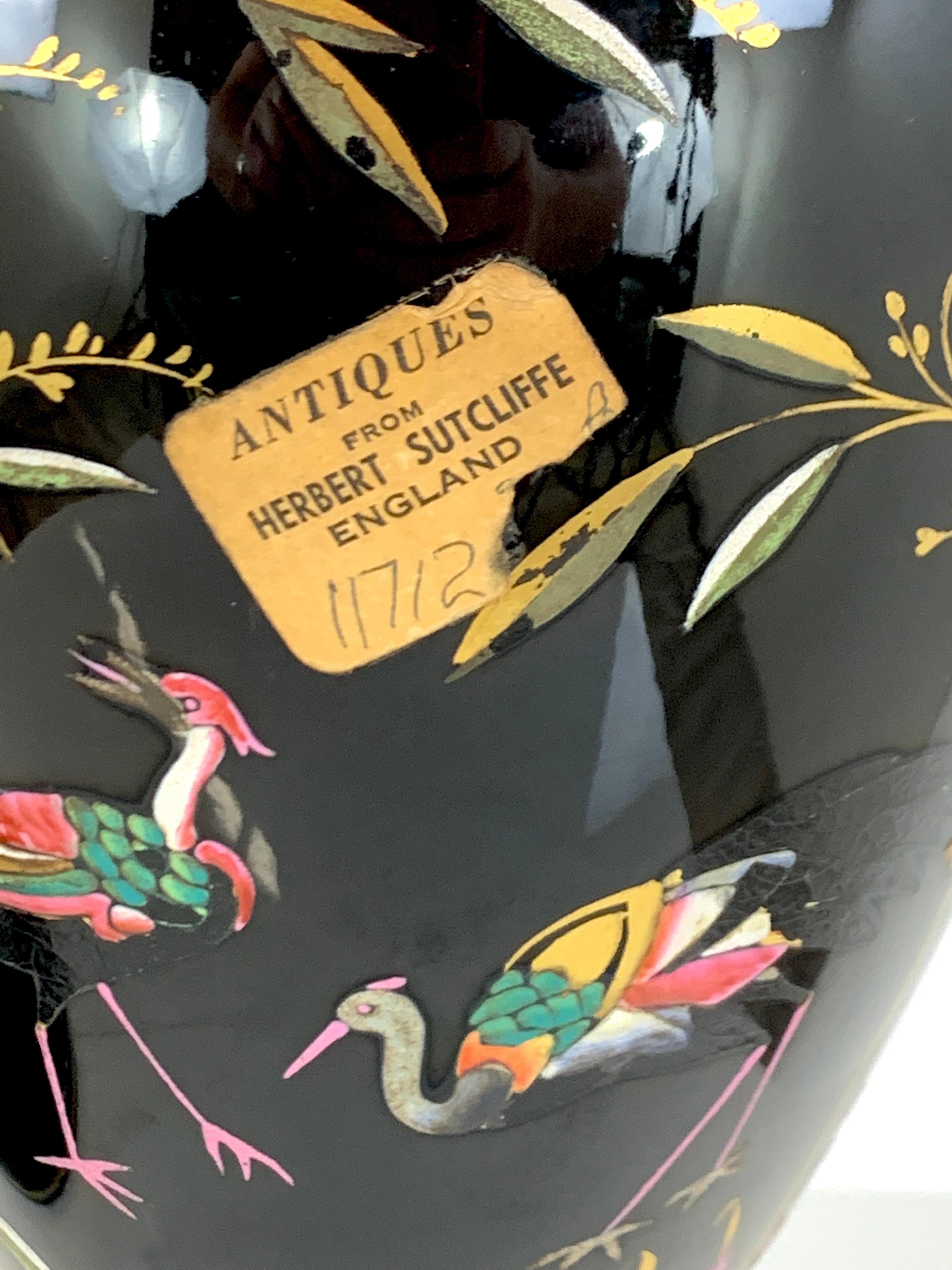 Pair of French Aesthetic Movement Enameled Bird Motif Black & Gold Vases For Sale 1