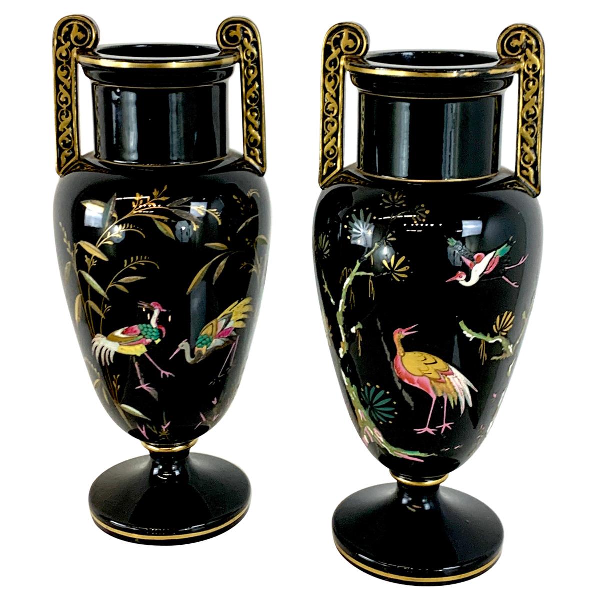 Pair of French Aesthetic Movement Enameled Bird Motif Black & Gold Vases For Sale