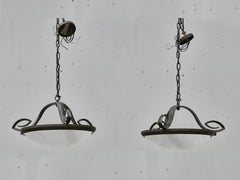 Pair of French Alabaster and Hammered Iron Pendants, circa 1930