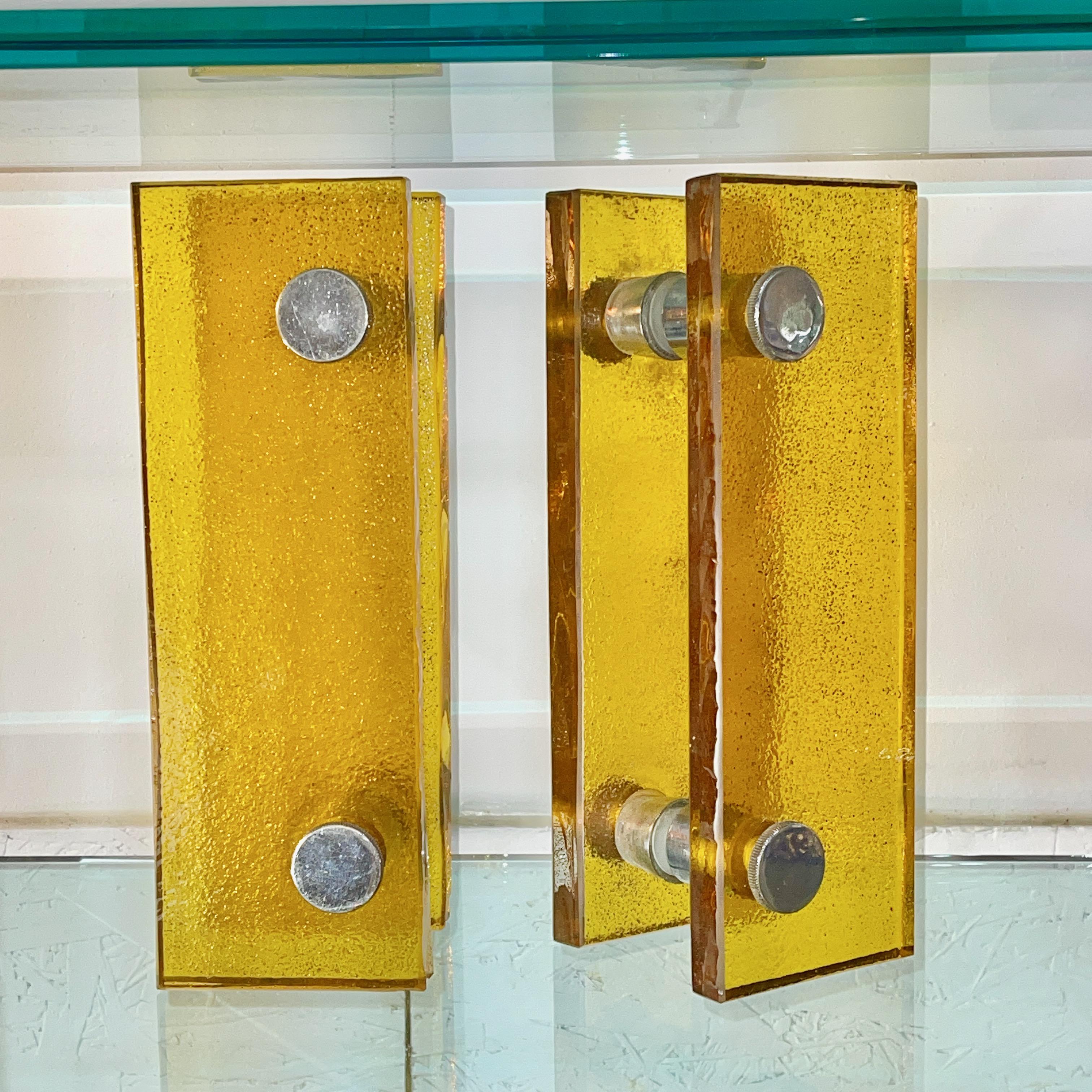 Paire de poignées de porte en verre jaune ambré français 4