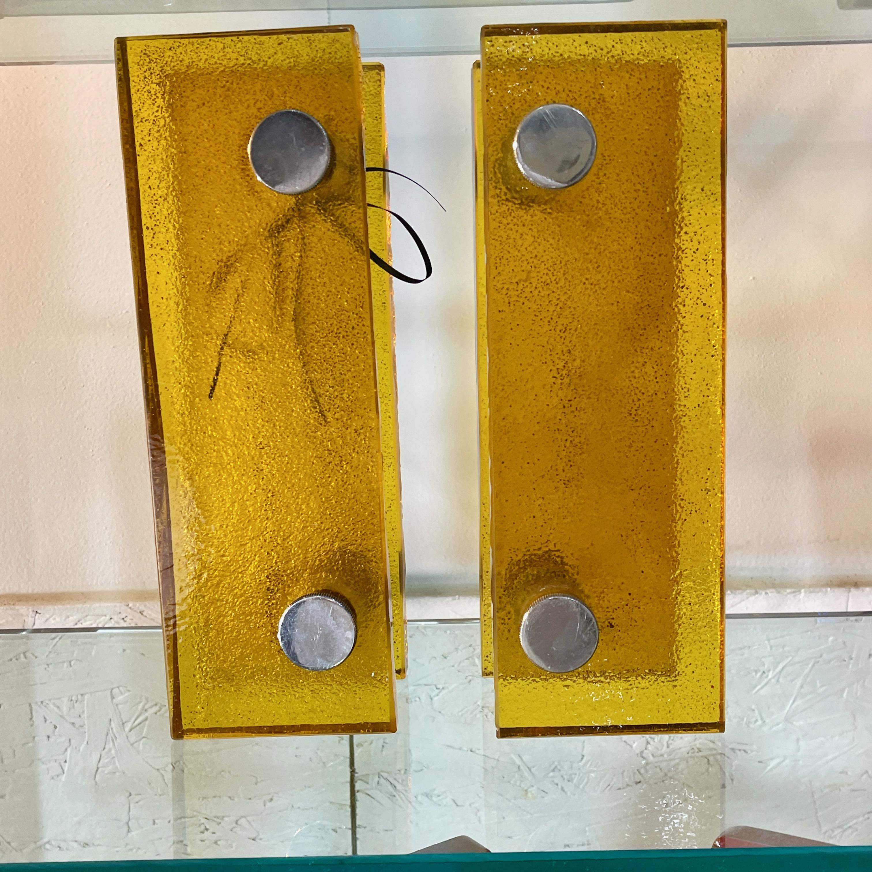 Français Paire de poignées de porte en verre jaune ambré français