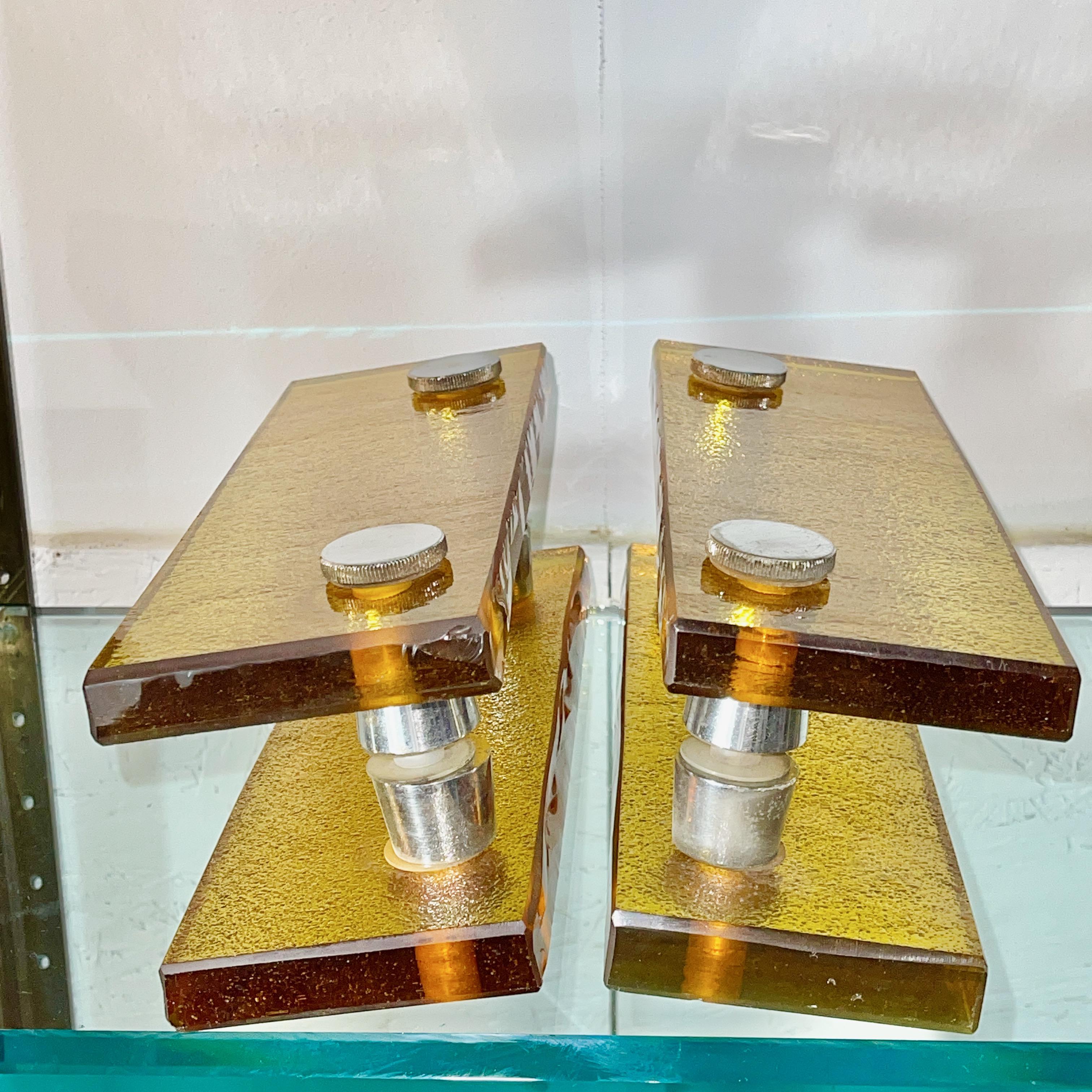 Paire de poignées de porte en verre jaune ambré français 2