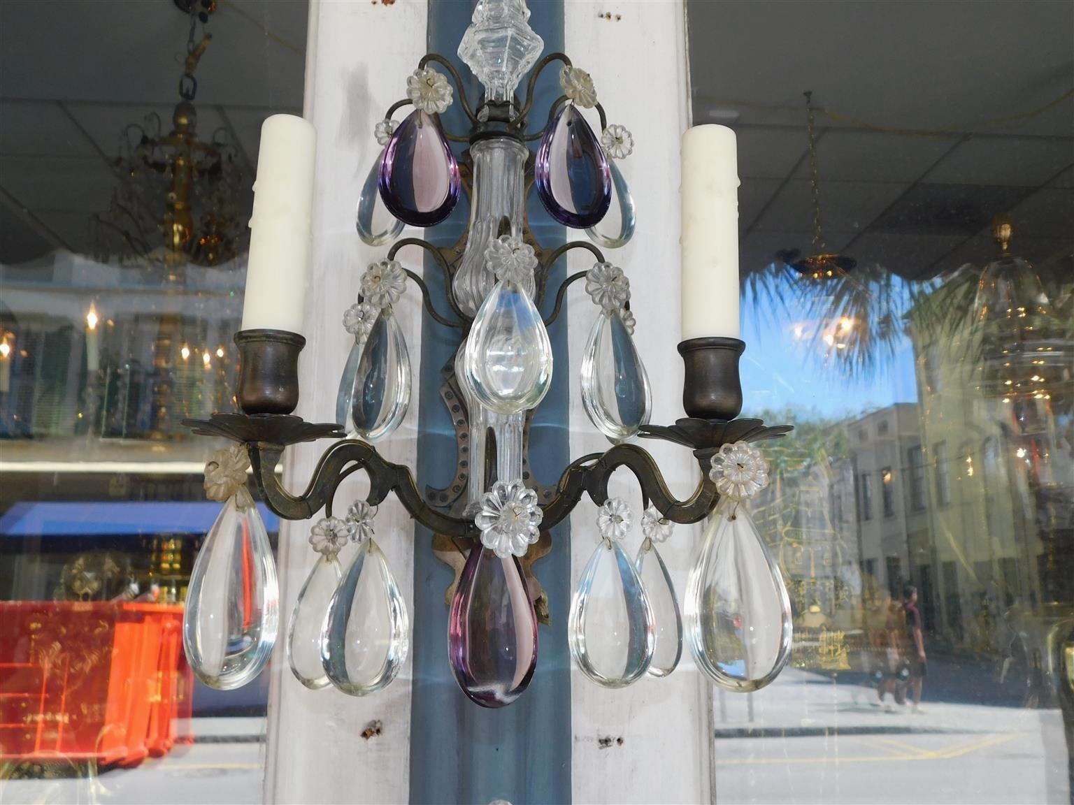 Pair of French Amethyst Crystal and Bronze Sphere Finial Wall Sconces, C. 1820 For Sale 4