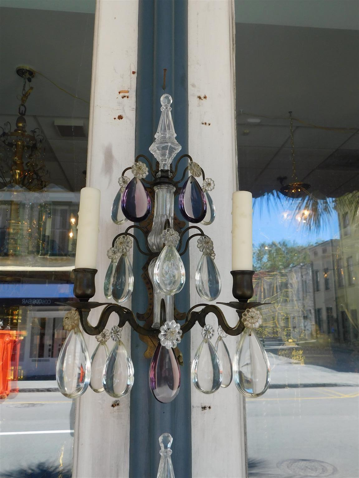 Pair of French Amethyst Crystal and Bronze Sphere Finial Wall Sconces, C. 1820 For Sale 2