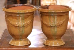Pair of French Anduze Terracotta Planters in Ochre Glaze Signed La Madeleine