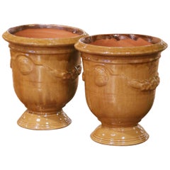 Pair of French Anduze Terracotta Planters in Ochre Glaze Signed La Madeleine