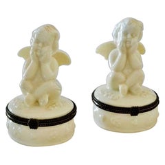 Pair of French Angel Porcelain Boxes with Brass Mounts, 1920s